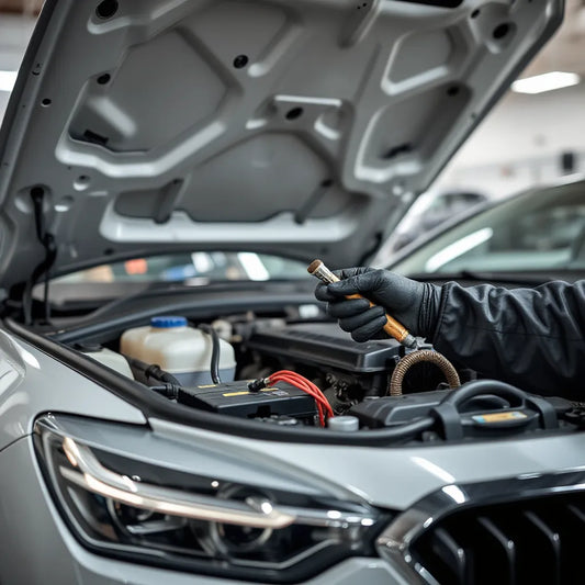 Nowoczesne auto w garażu z otwartą maską i dłoniami mechanika przy elementach silnika