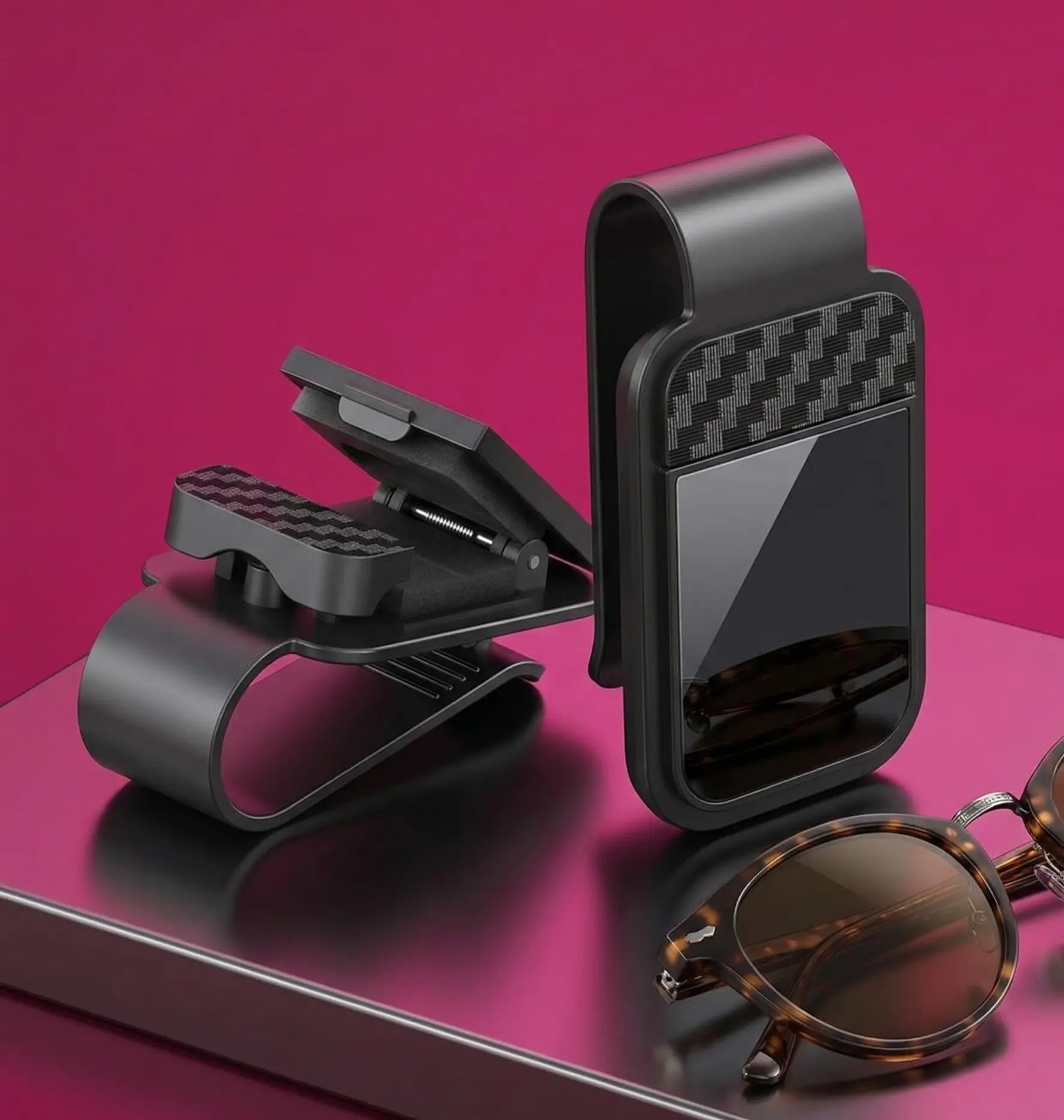 Elegancki uchwyt na okulary do auta od carbonpink, minimalistyczny klips na osłonę przeciwsłoneczną, czarny, solidny design