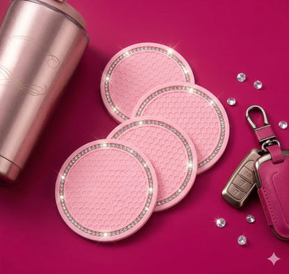 Kryształowe podstawki pod kubek do auta marki carbonpink, różowe, glamour, zestaw 4 sztuki, ozdobne akcesoria samochodowe