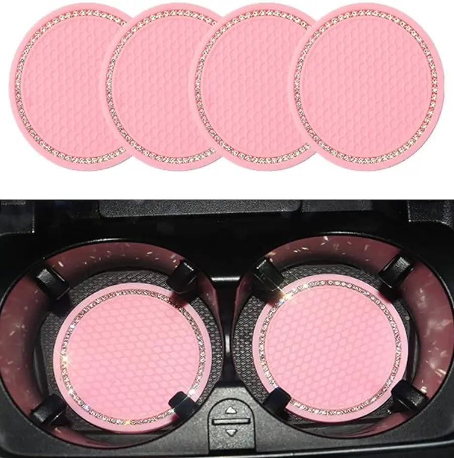 Kryształowe podstawki pod kubek do auta marki carbonpink, różowe glamour, zestaw 4 sztuki na elegancki wygląd wnętrza samochodu