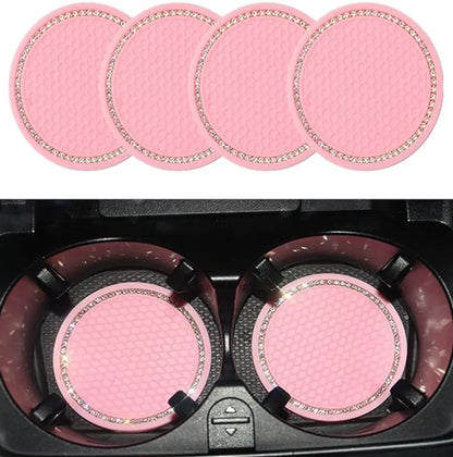 Kryształowe podstawki pod kubek do auta marki carbonpink, różowe glamour, zestaw 4 sztuki na elegancki wygląd wnętrza samochodu